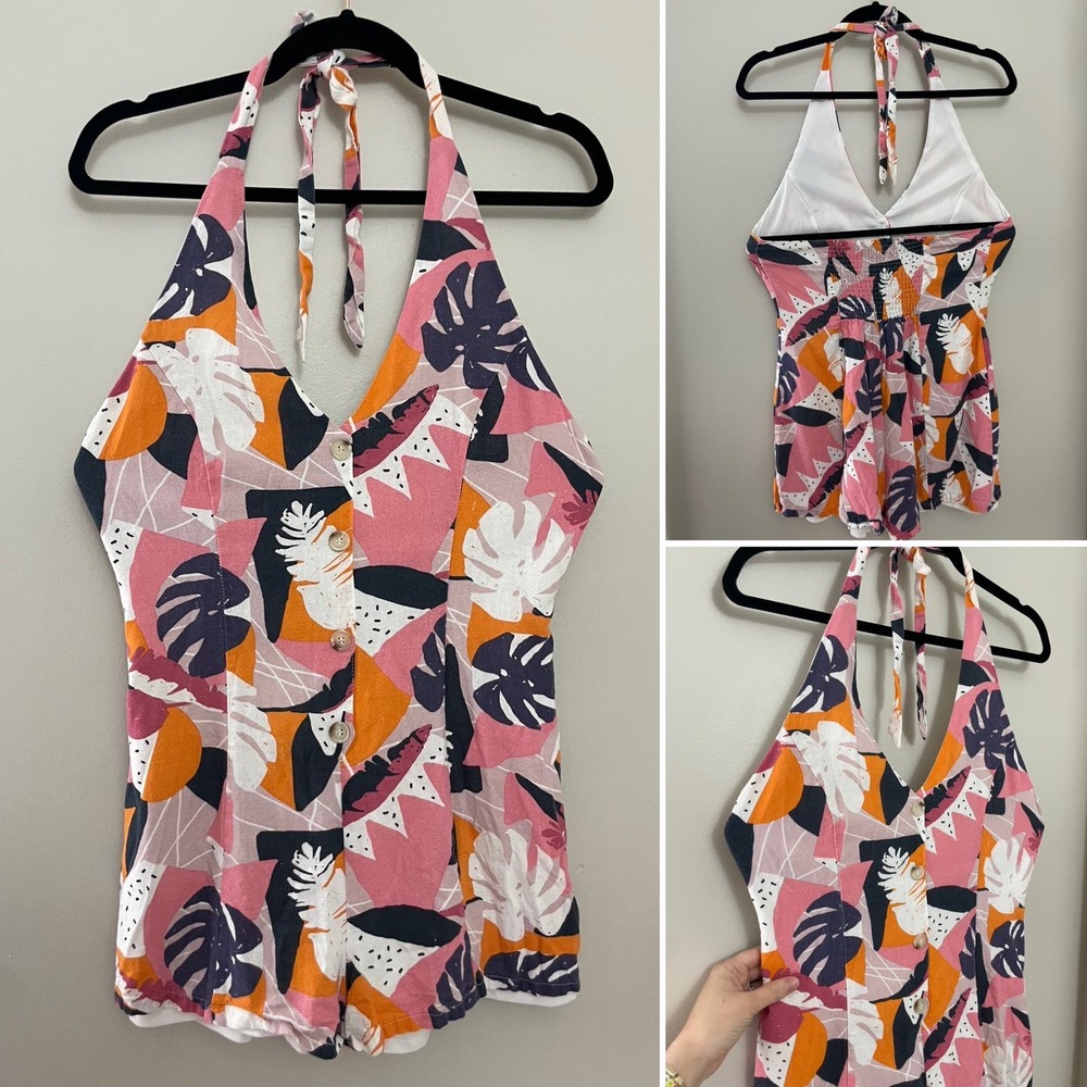 Hallelu Tropical Smocked Back Button Down Linen Blend Halter Romper Medium‎
